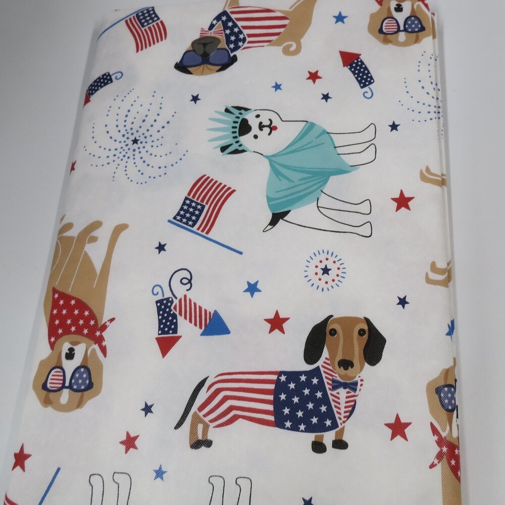 Patriotic DOGS NEW Vinyl Flannel Back Tablecloth 60" Round Seats 4